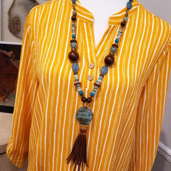 Wishful Park Brand Top Blouse Mustard Yellow White Stripes Size Large - Picture 12 of 12